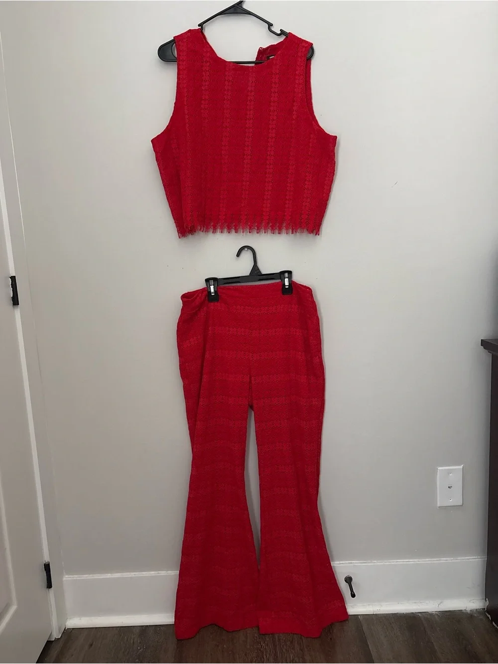 Express Red Crochet Crop Top & Flared Pants Set